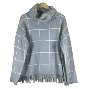 Absolutely Famous Sweater Womens XL Gray Windowpane Fringe Cowl Neck Cozy Boho
